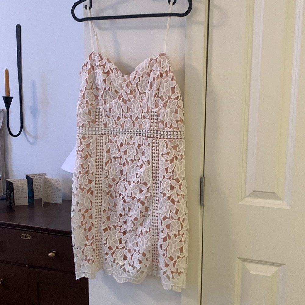 White and nude lace mini dress